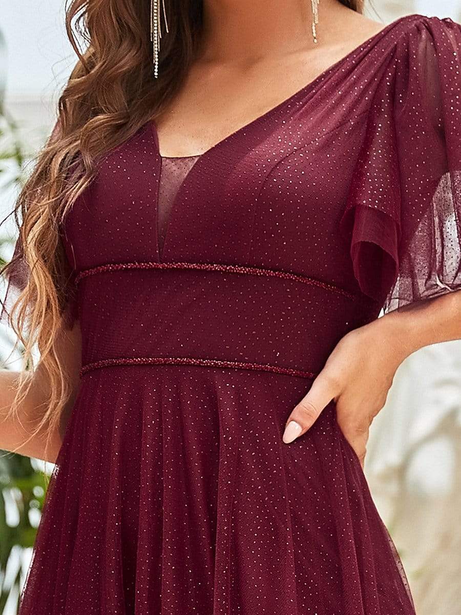 Cute Deep V Neck A-Line Tulle Long Wedding Guest Dress #color_Burgundy