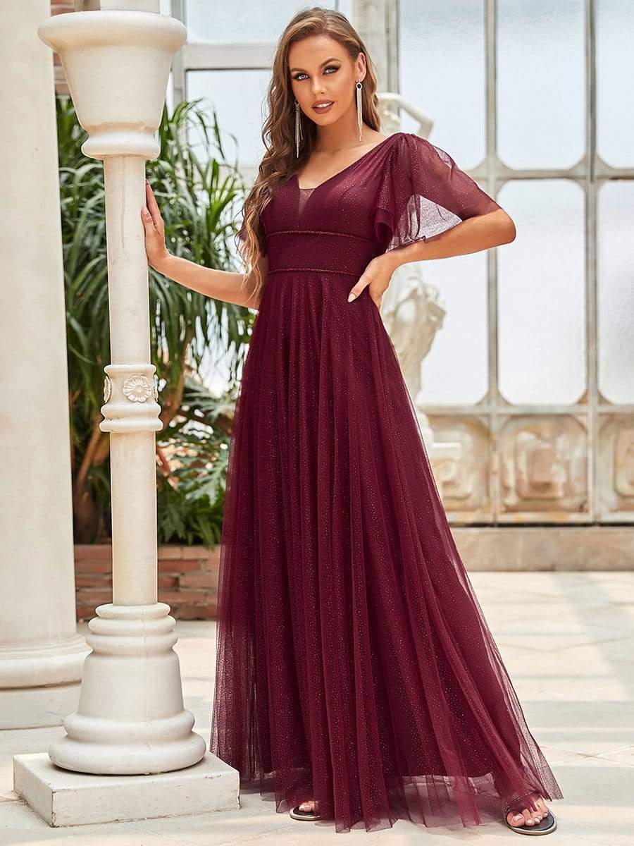 Cute Deep V Neck A-Line Tulle Long Wedding Guest Dress #color_Burgundy