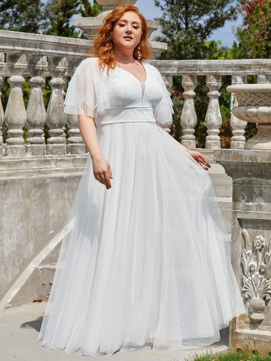 Romantic Plus Size Tulle Evening Dress with Deep V Neck #color_Cream