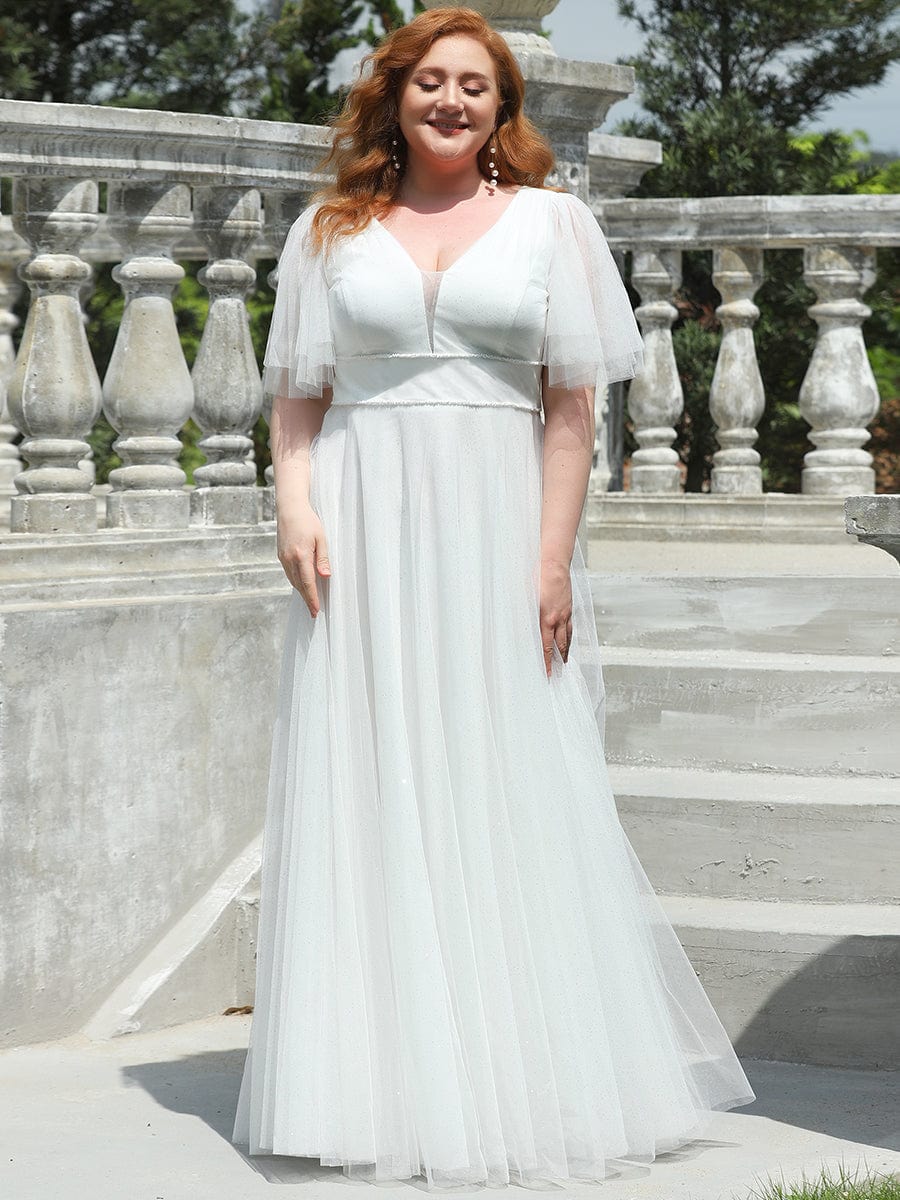 Romantic Plus Size Tulle Evening Dress with Deep V Neck #color_Cream