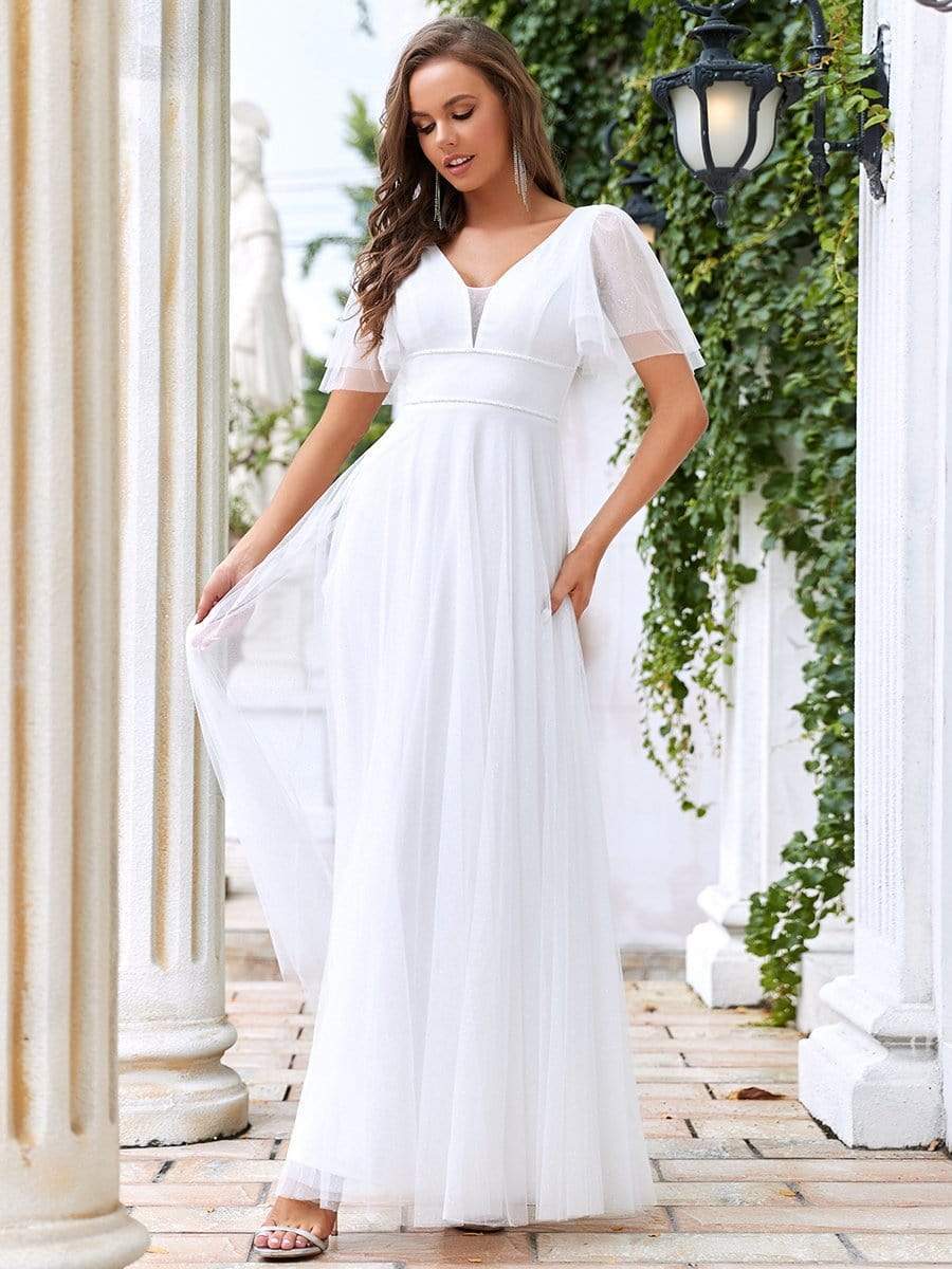 Cute Deep V Neck A-Line Tulle Long Wedding Guest Dress #color_Cream