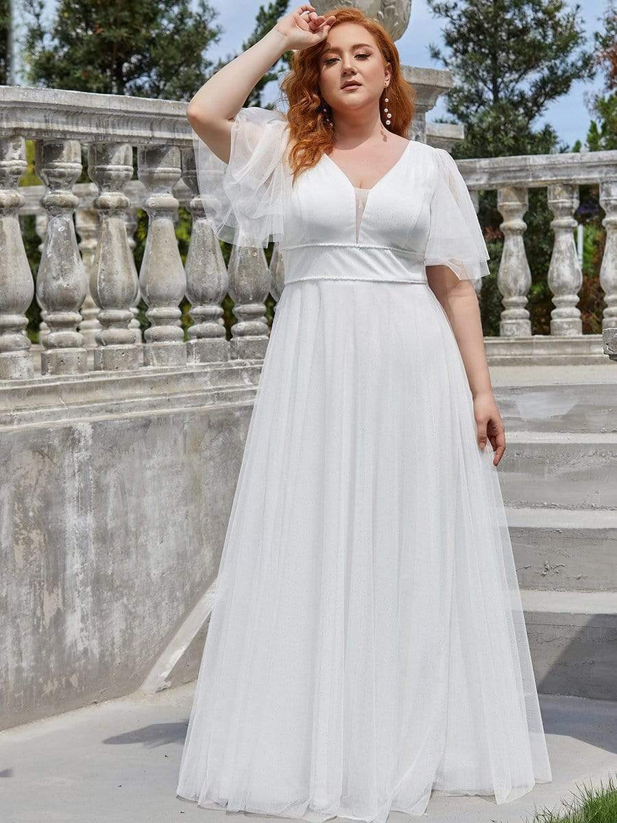 Romantic Plus Size Tulle Evening Dress with Deep V Neck #color_Cream