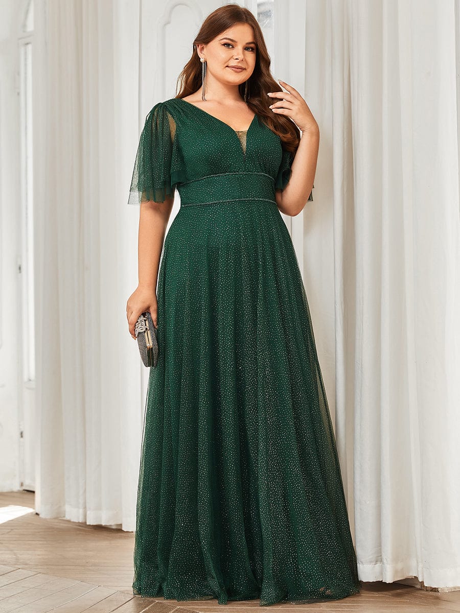 Romantic Plus Size Tulle Evening Dress with Deep V Neck #color_Dark Green