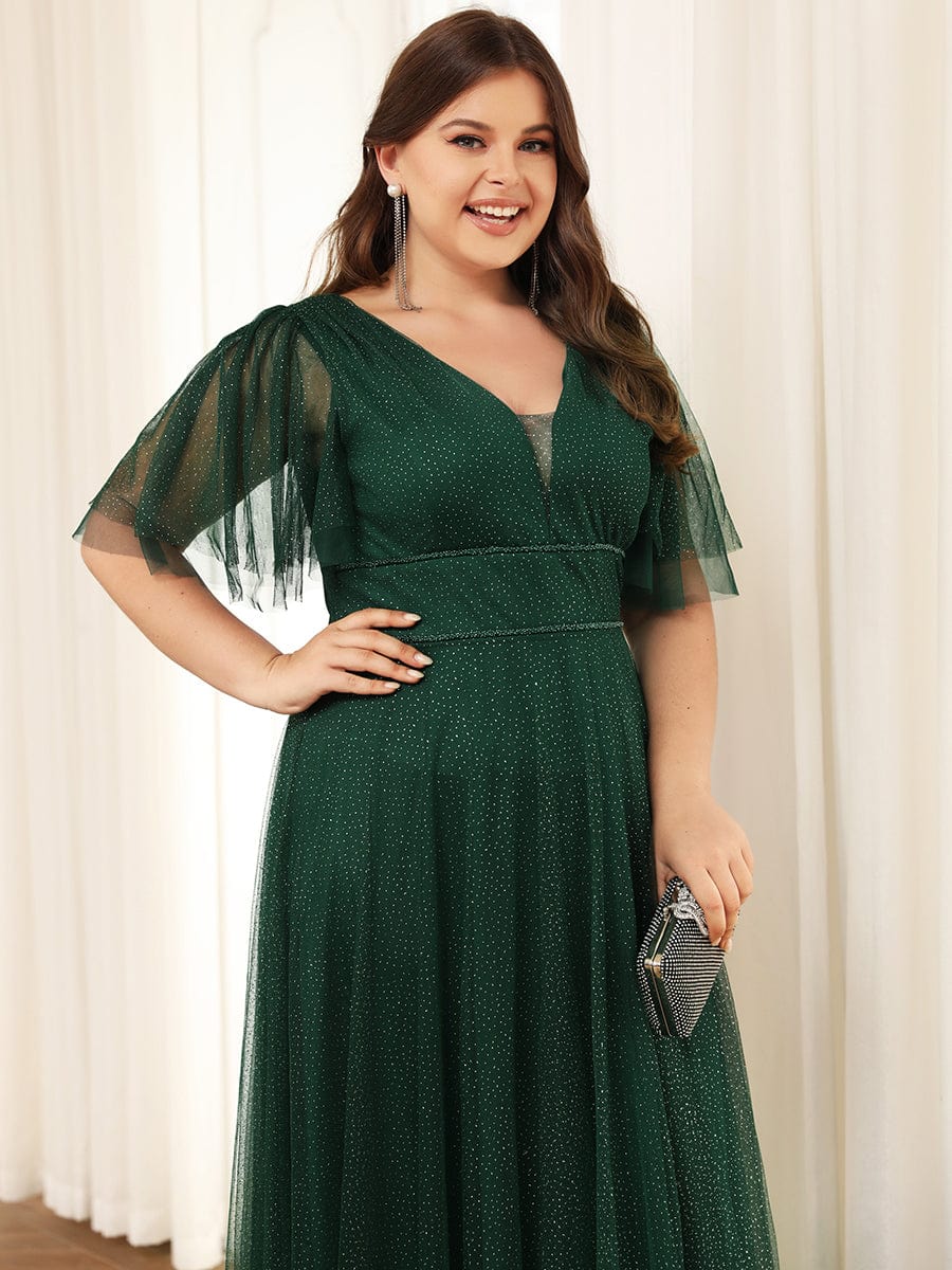 Cute Deep V Neck A-Line Tulle Long Wedding Guest Dress #color_Dark Green