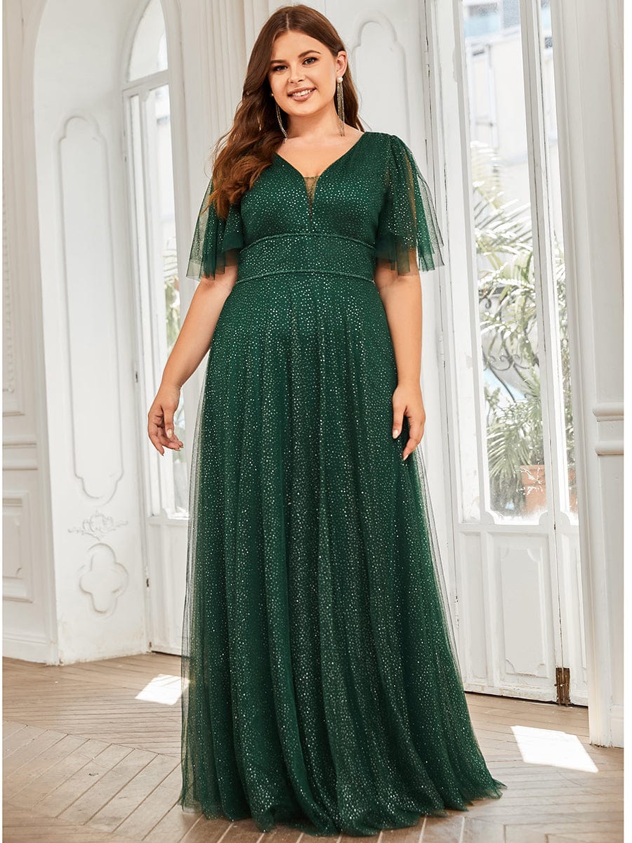 Cute Deep V Neck A-Line Tulle Long Wedding Guest Dress #color_Dark Green