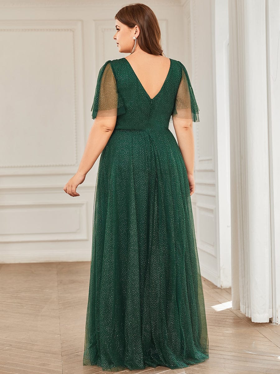 Cute Deep V Neck A-Line Tulle Long Wedding Guest Dress #color_Dark Green