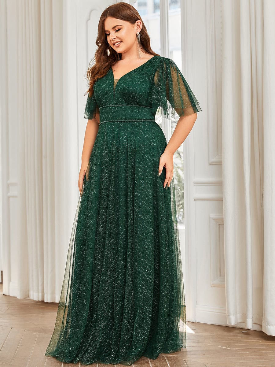 Romantic Plus Size Tulle Evening Dress with Deep V Neck #color_Dark Green