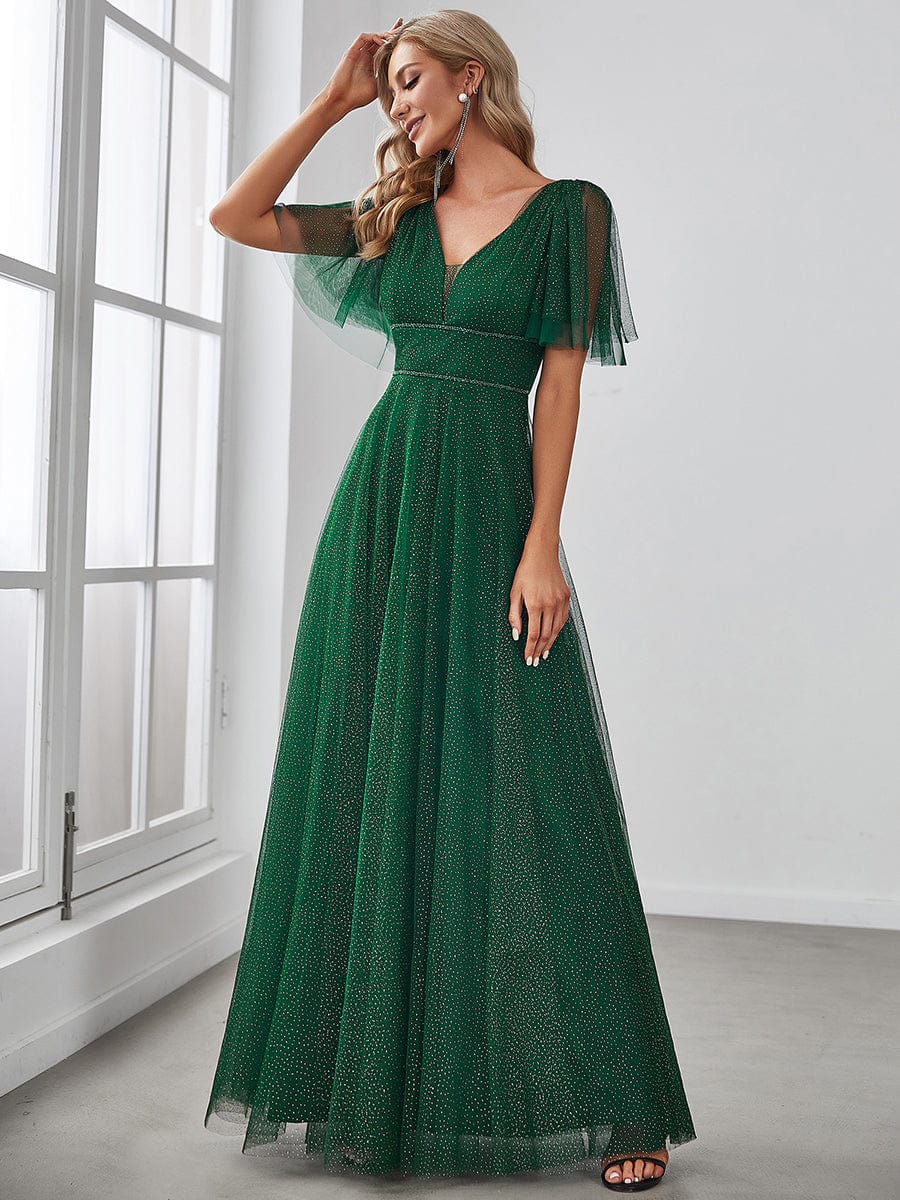 Cute Deep V Neck A-Line Tulle Long Wedding Guest Dress #color_Dark Green