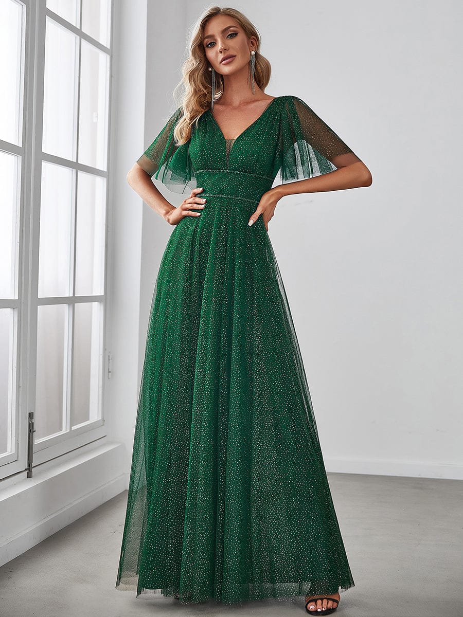 Cute Deep V Neck A-Line Tulle Long Wedding Guest Dress #color_Dark Green