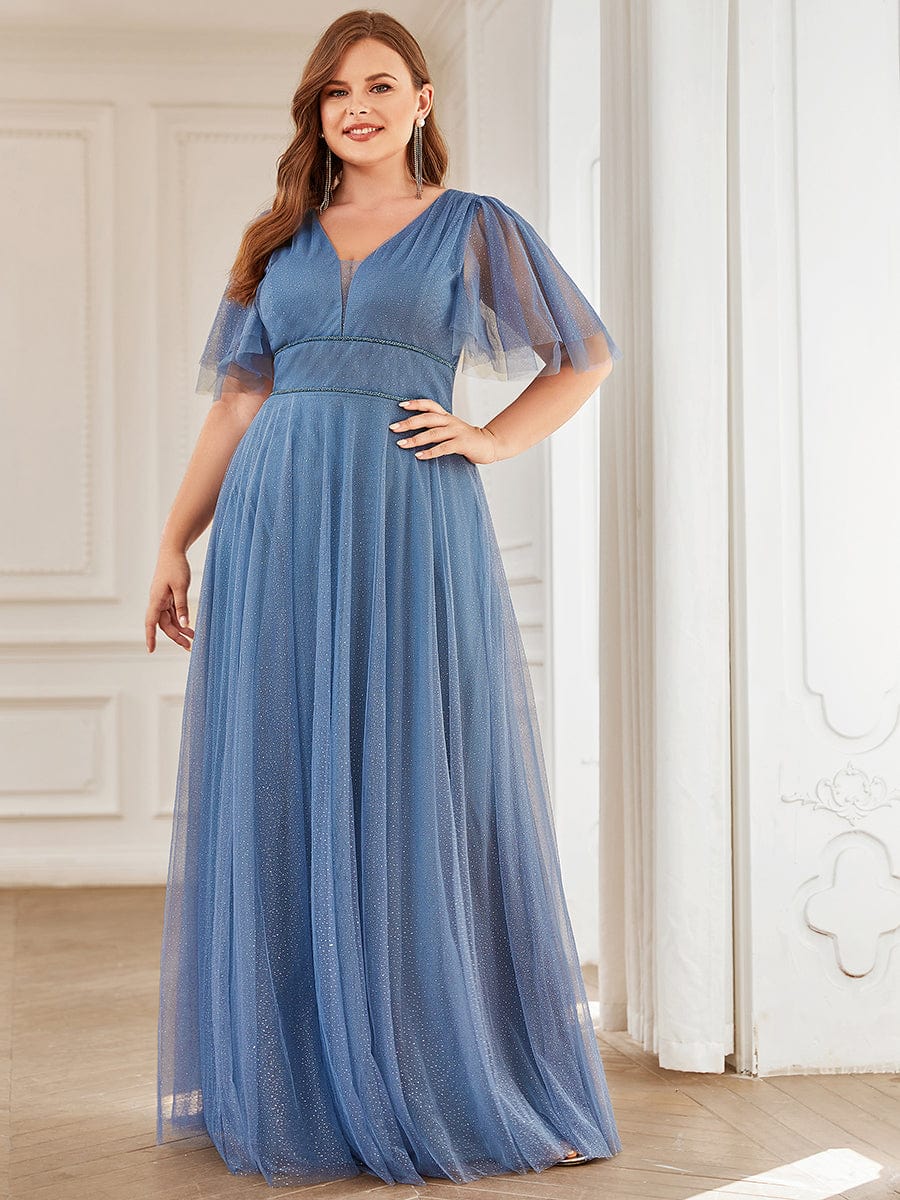 Cute Deep V Neck A-Line Tulle Long Wedding Guest Dress #color_Dusty Blue