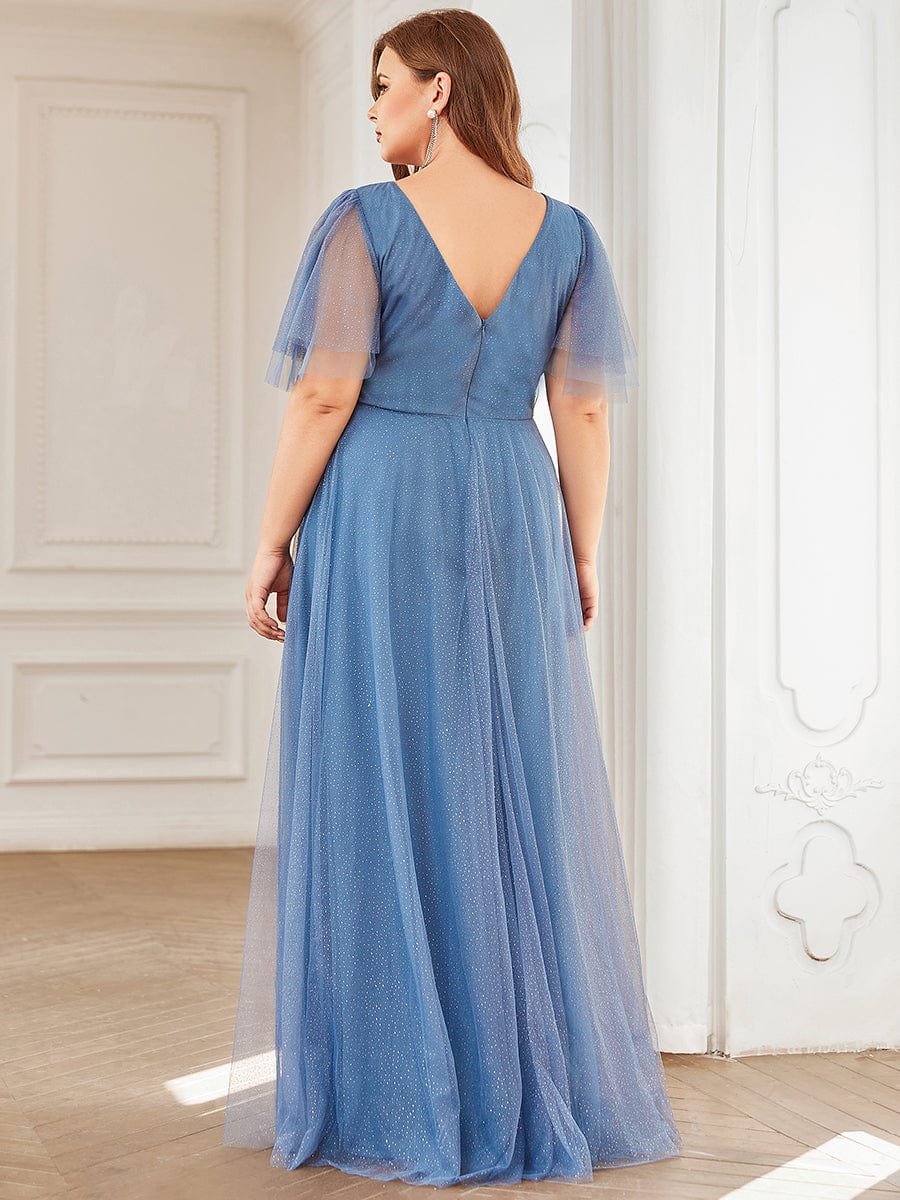 Cute Deep V Neck A-Line Tulle Long Wedding Guest Dress #color_Dusty Blue