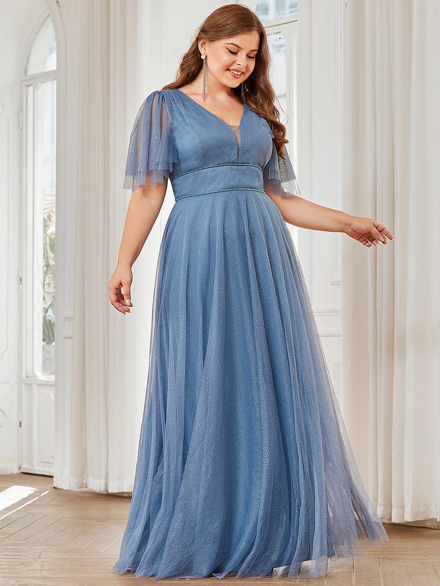 Romantic Plus Size Tulle Evening Dress with Deep V Neck #color_Dusty Blue