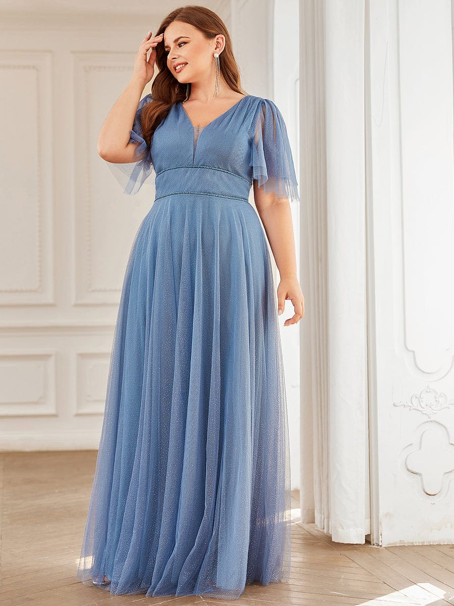 Romantic Plus Size Tulle Evening Dress with Deep V Neck #color_Dusty Blue