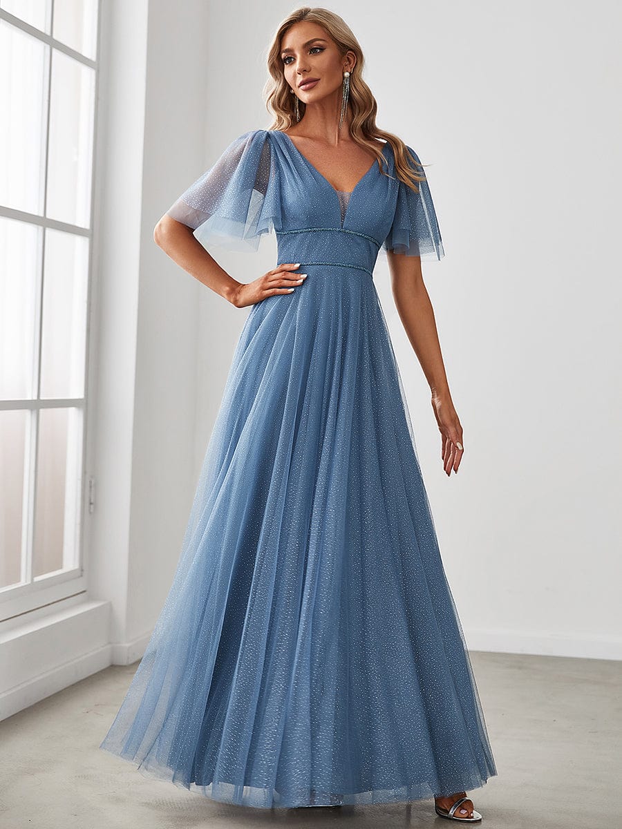 Cute Deep V Neck A-Line Tulle Long Wedding Guest Dress #color_Dusty Blue