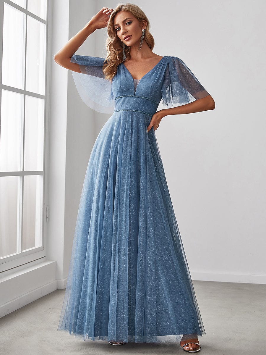 Cute Deep V Neck A-Line Tulle Long Wedding Guest Dress #color_Dusty Blue