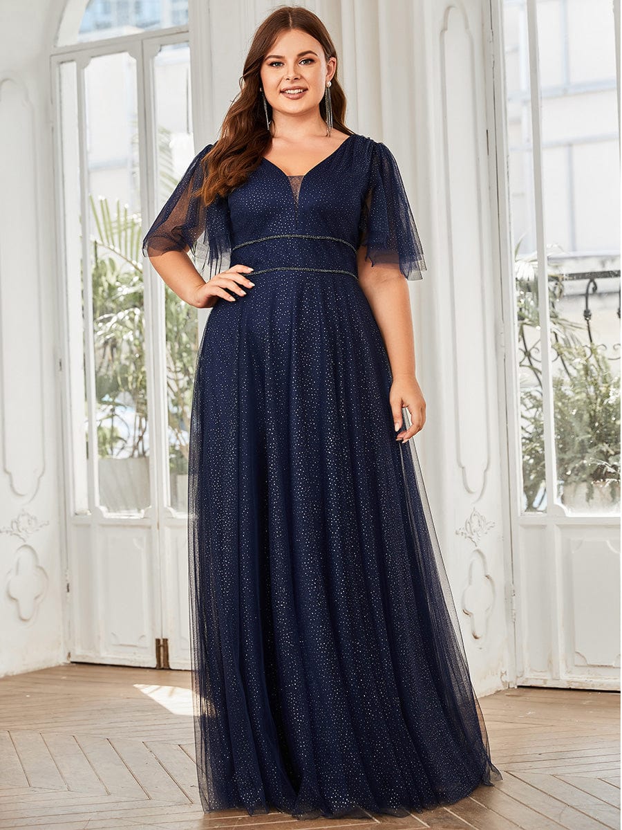 Romantic Plus Size Tulle Evening Dress with Deep V Neck #color_Navy Blue