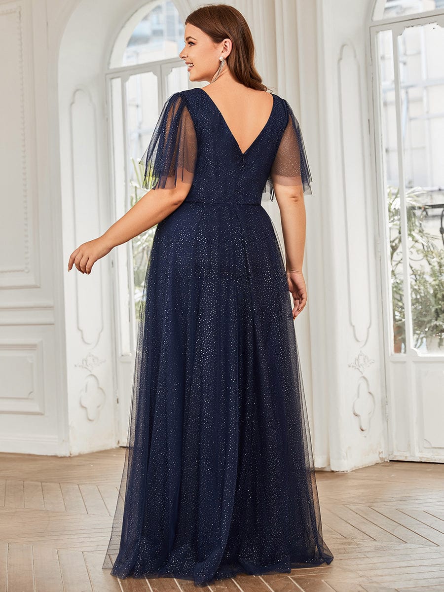 Romantic Plus Size Tulle Evening Dress with Deep V Neck #color_Navy Blue