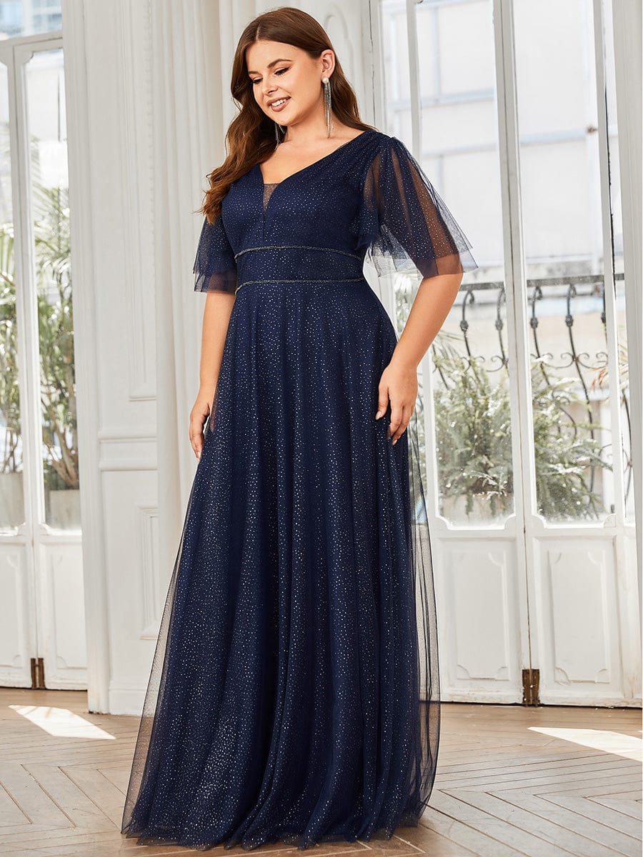 Romantic Plus Size Tulle Evening Dress with Deep V Neck #color_Navy Blue