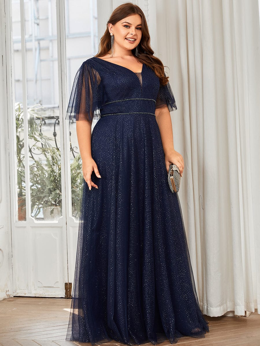 Romantic Plus Size Tulle Evening Dress with Deep V Neck #color_Navy Blue