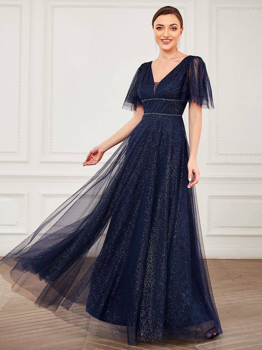 Cute Deep V Neck A-Line Tulle Long Wedding Guest Dress #color_Navy Blue