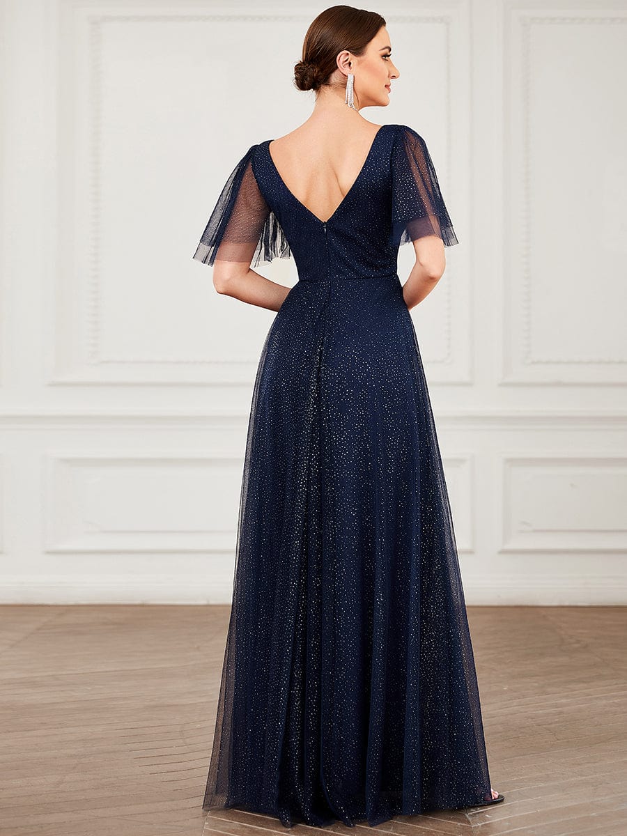 Cute Deep V Neck A-Line Tulle Long Wedding Guest Dress #color_Navy Blue