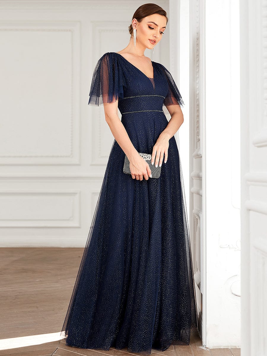 Cute Deep V Neck A-Line Tulle Long Wedding Guest Dress #color_Navy Blue