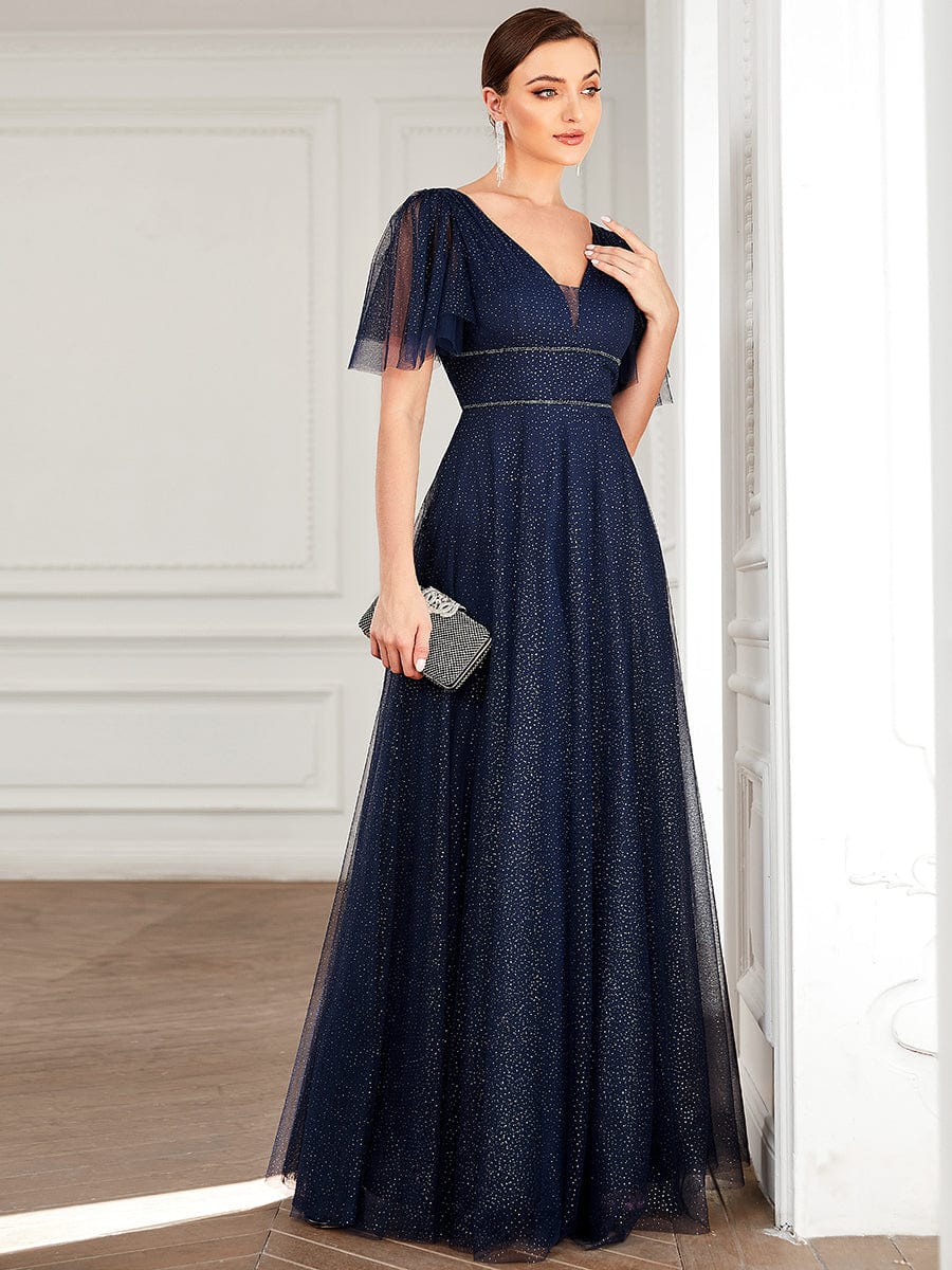 Cute Deep V Neck A-Line Tulle Long Wedding Guest Dress #color_Navy Blue