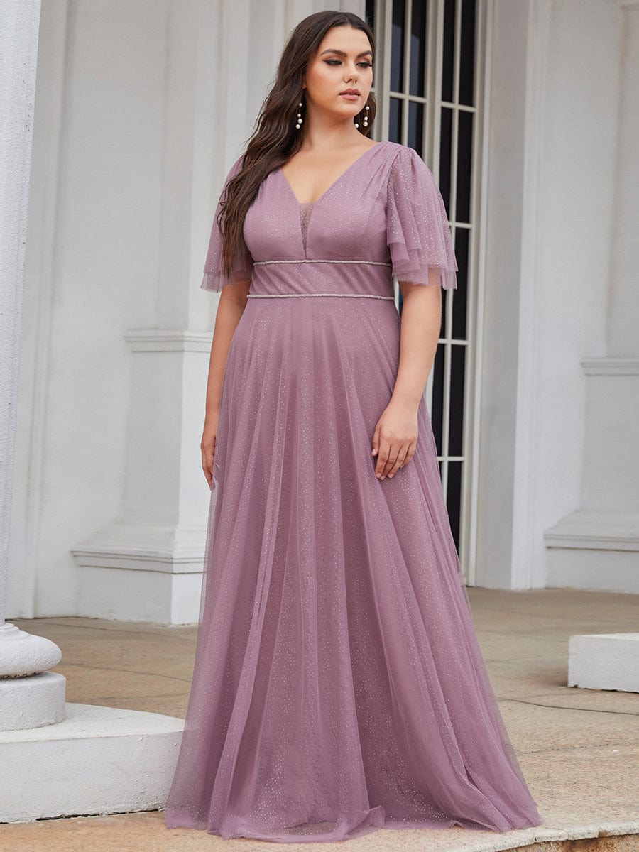 Romantic Plus Size Tulle Evening Dress with Deep V Neck #color_Purple Orchid