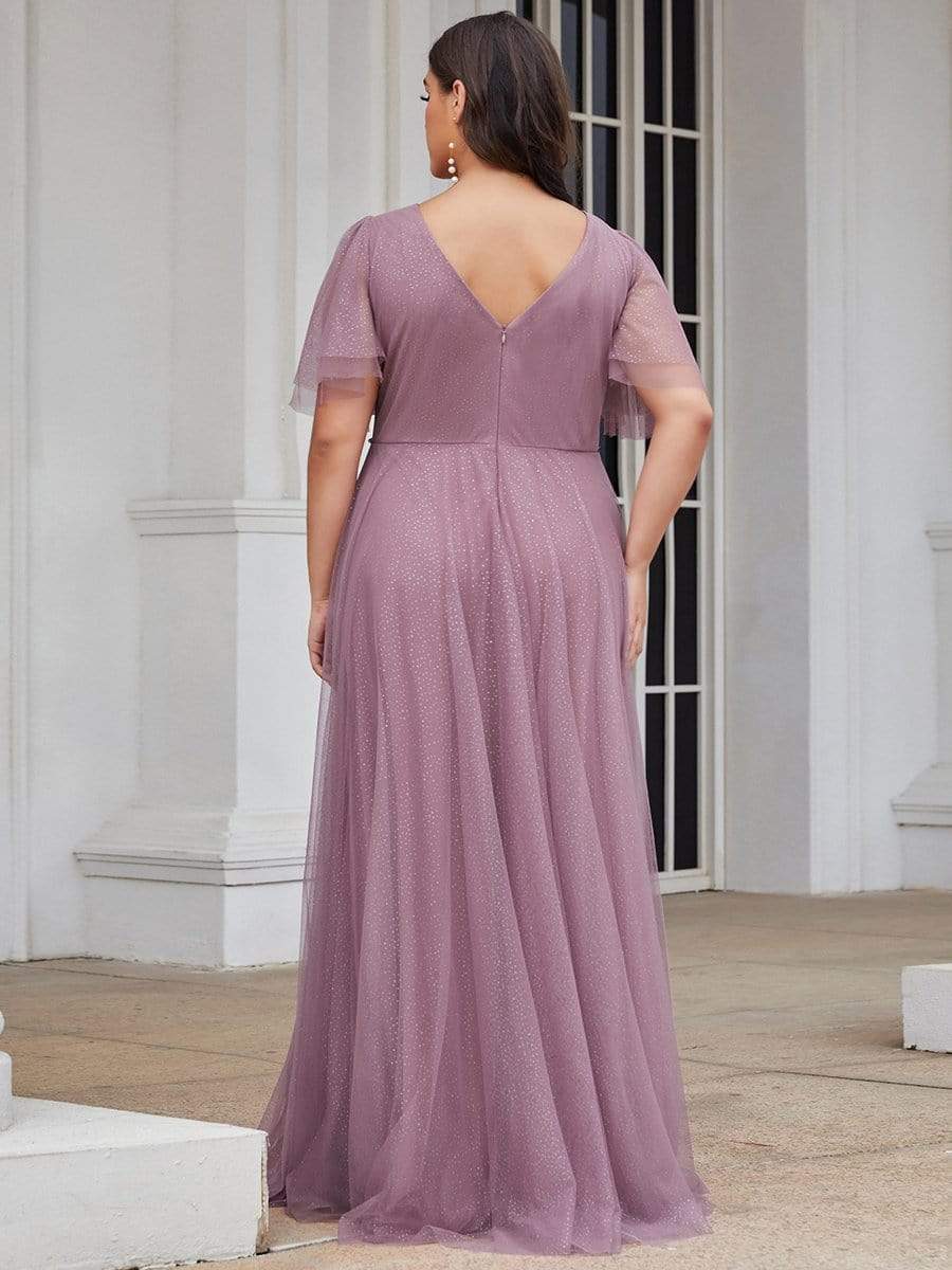 Cute Deep V Neck A-Line Tulle Long Wedding Guest Dress #color_Purple Orchid