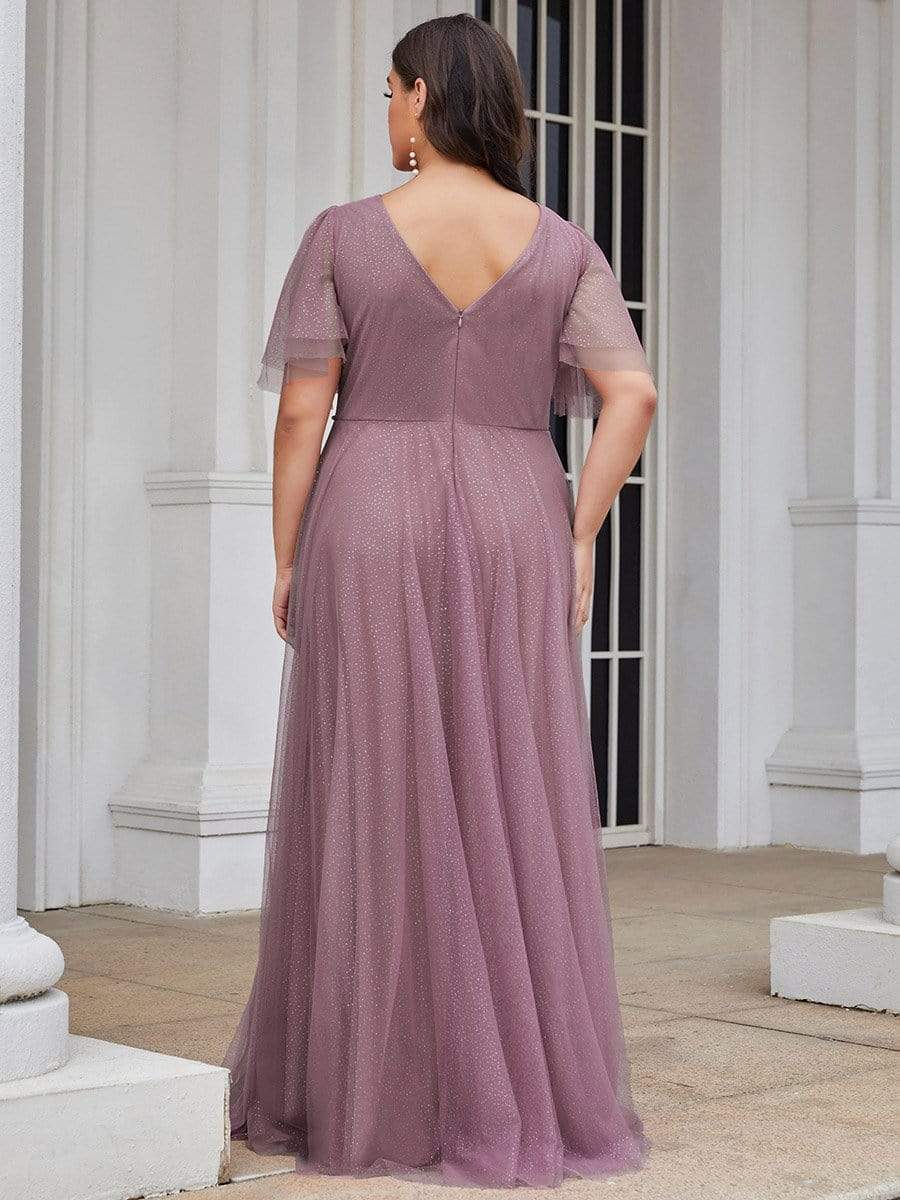 Romantic Plus Size Tulle Evening Dress with Deep V Neck #color_Purple Orchid