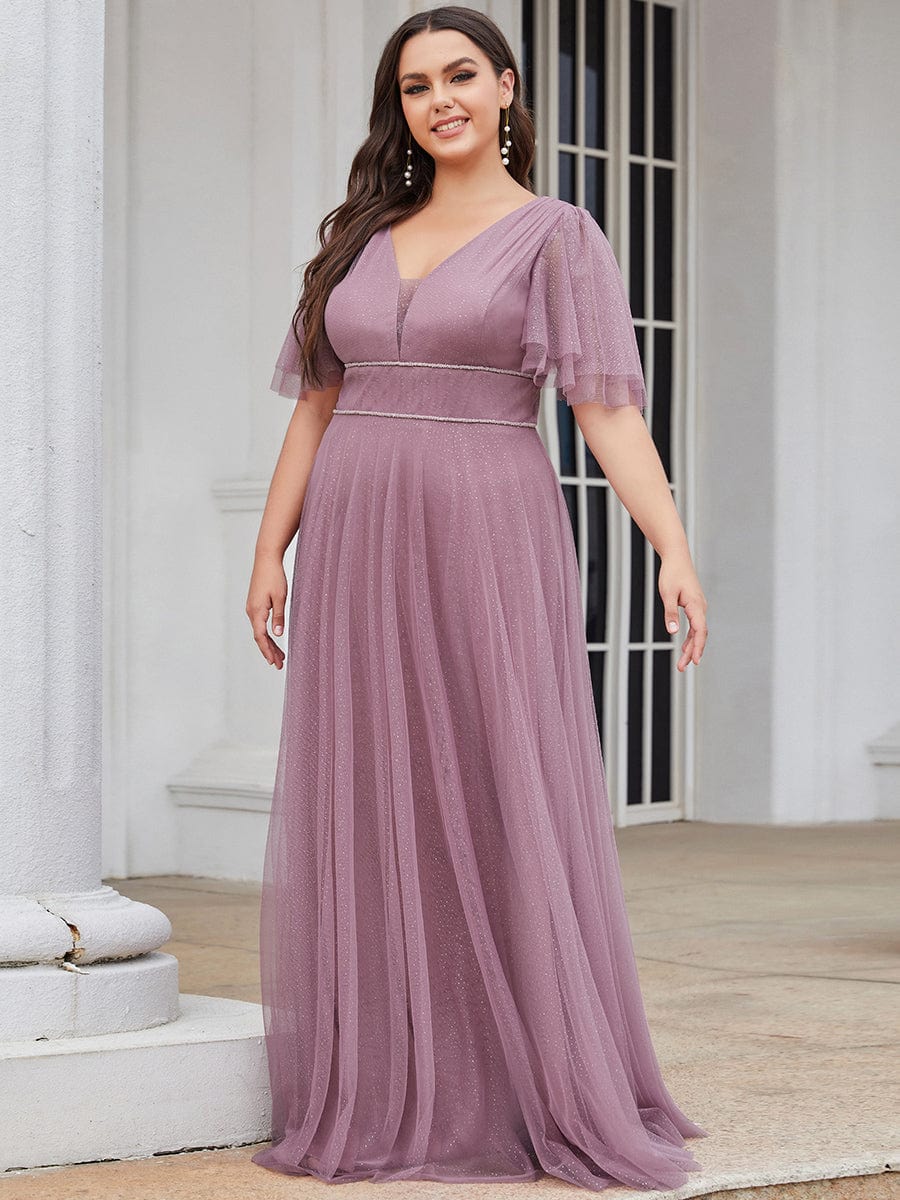 Romantic Plus Size Tulle Evening Dress with Deep V Neck #color_Purple Orchid