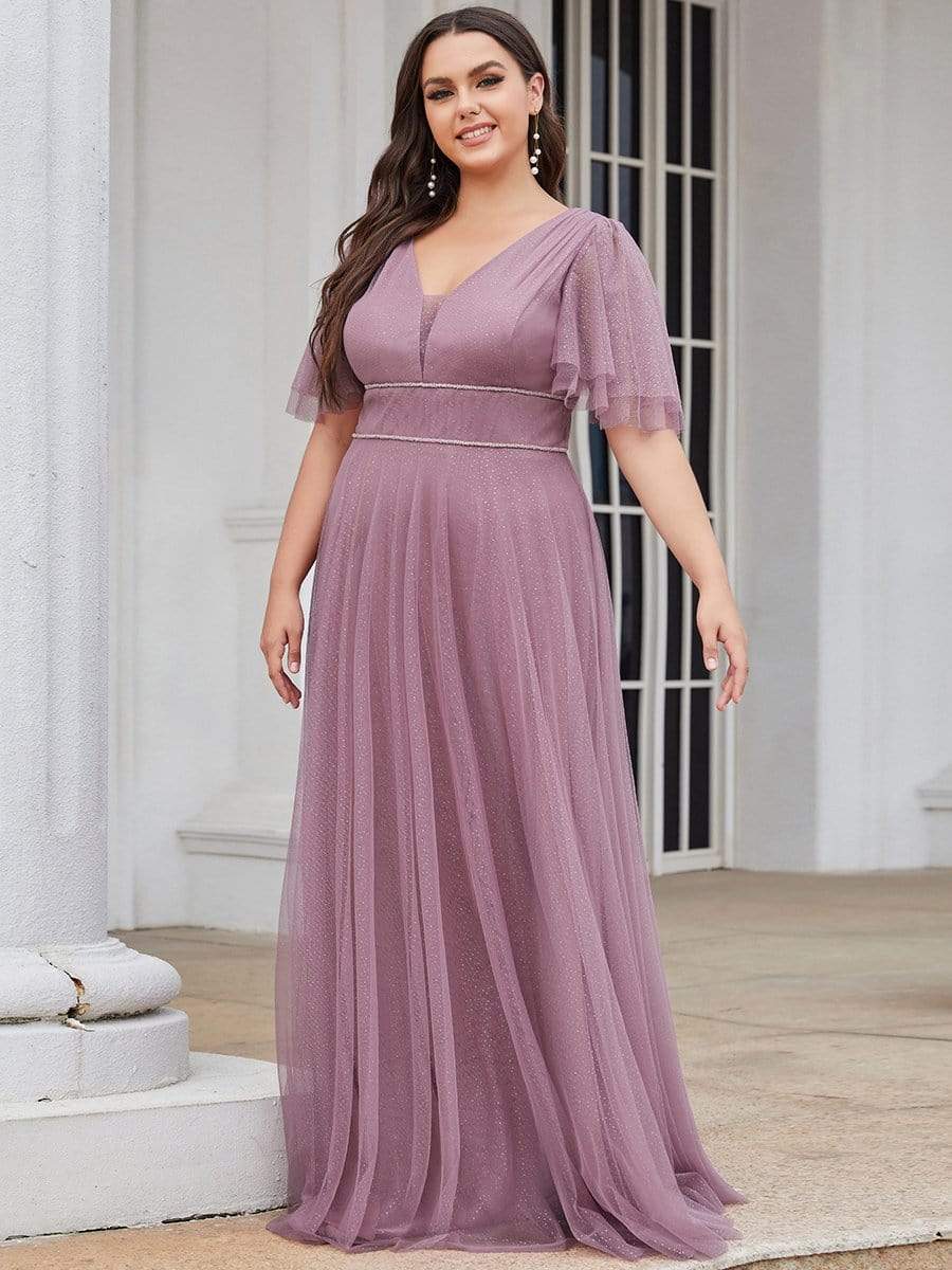 Cute Deep V Neck A-Line Tulle Long Wedding Guest Dress #color_Purple Orchid