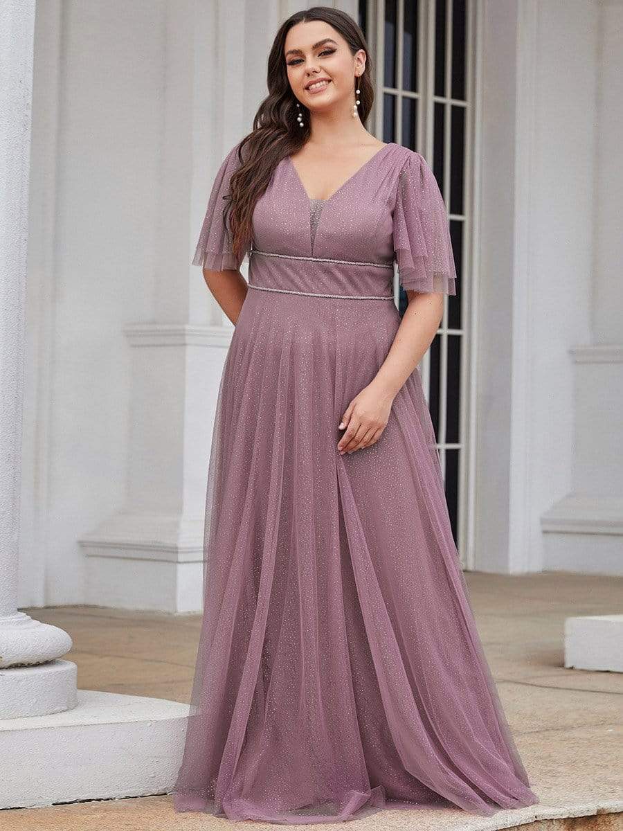 Romantic Plus Size Tulle Evening Dress with Deep V Neck #color_Purple Orchid