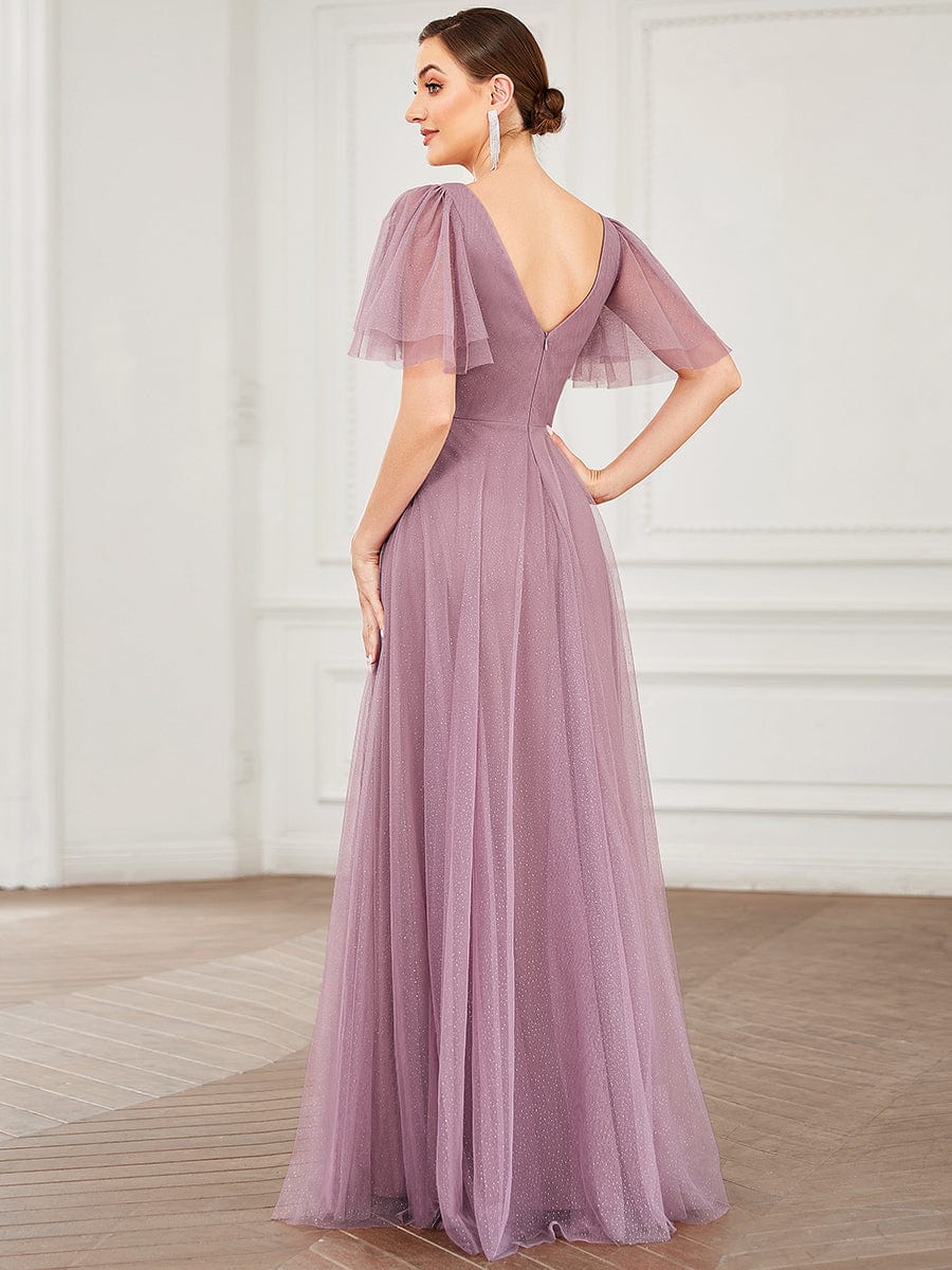 Cute Deep V Neck A-Line Tulle Long Wedding Guest Dress #color_Purple Orchid