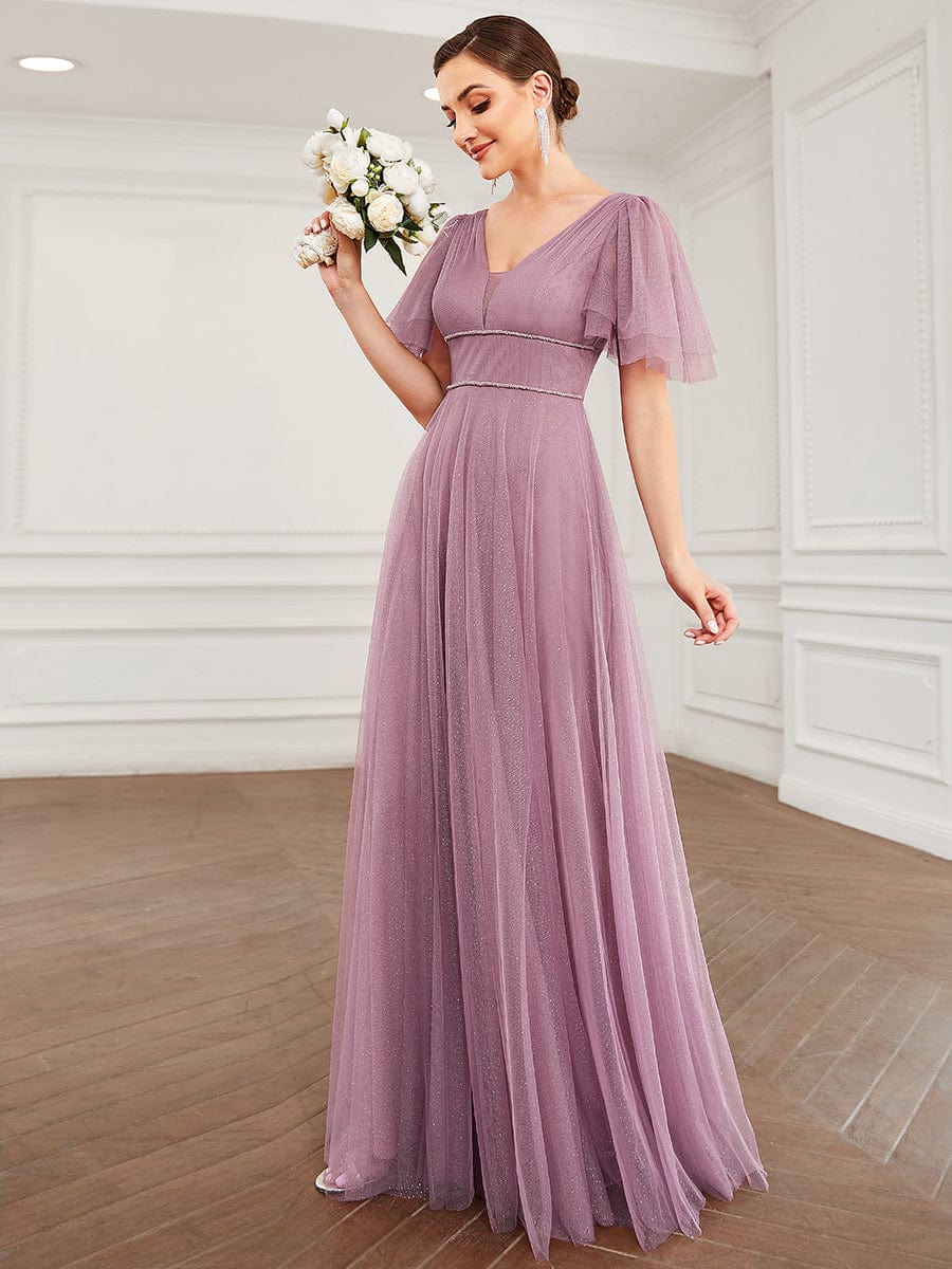 Cute Deep V Neck A-Line Tulle Long Wedding Guest Dress #color_Purple Orchid