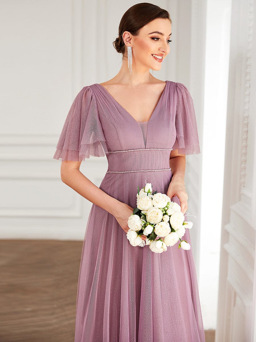 Cute Deep V Neck A-Line Tulle Long Wedding Guest Dress #color_Purple Orchid