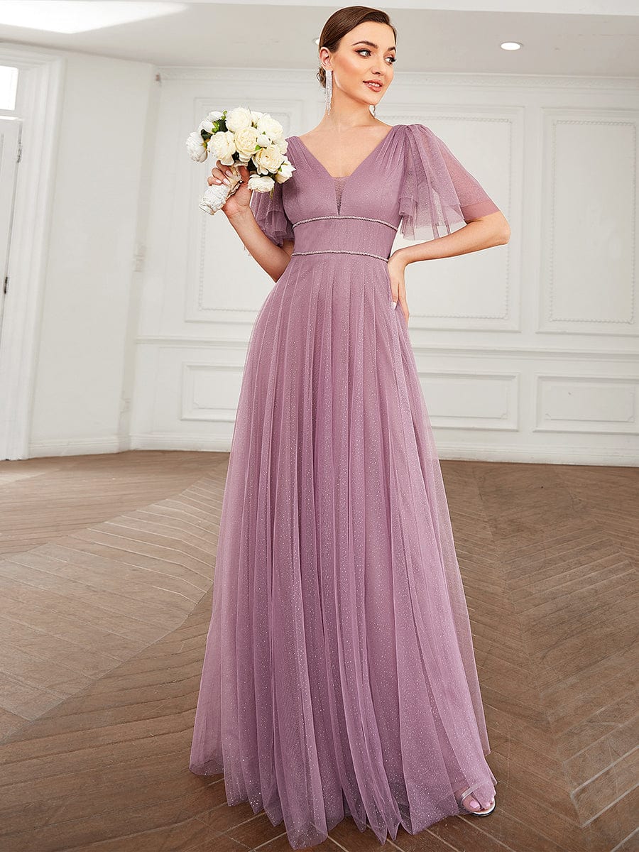 Cute Deep V Neck A-Line Tulle Long Wedding Guest Dress #color_Purple Orchid