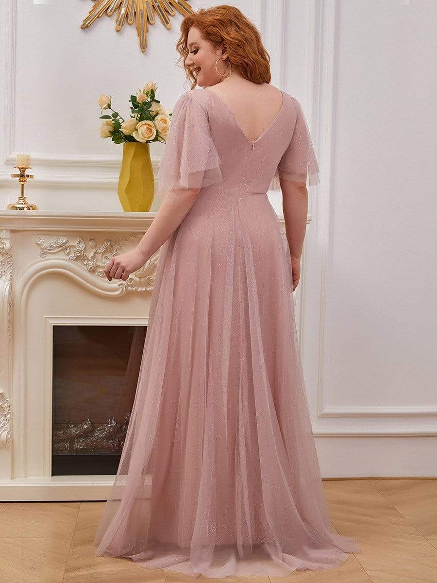 Cute Deep V Neck A-Line Tulle Long Wedding Guest Dress #color_Pink