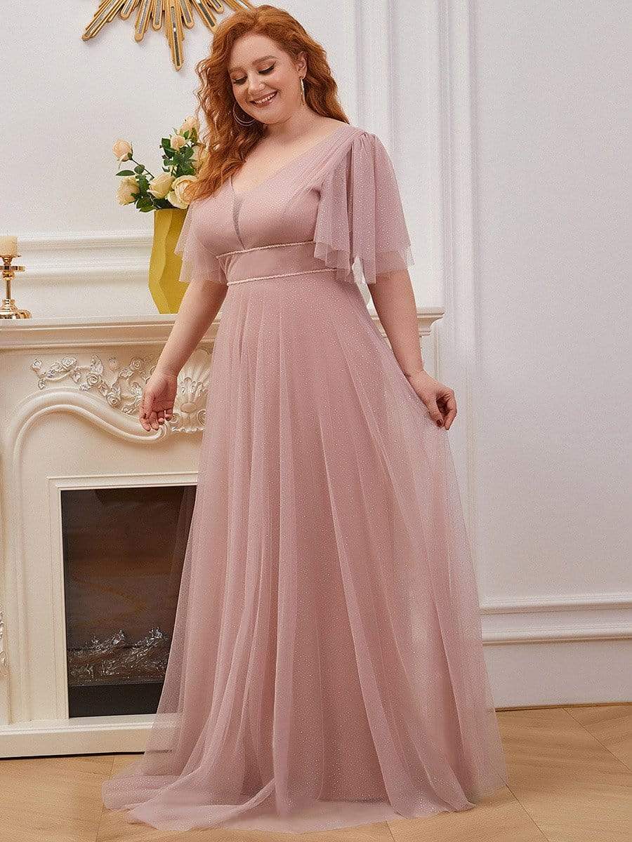 Romantic Plus Size Tulle Evening Dress with Deep V Neck #color_Pink