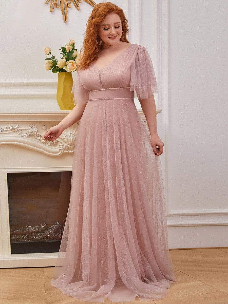 Cute Deep V Neck A-Line Tulle Long Wedding Guest Dress #color_Pink