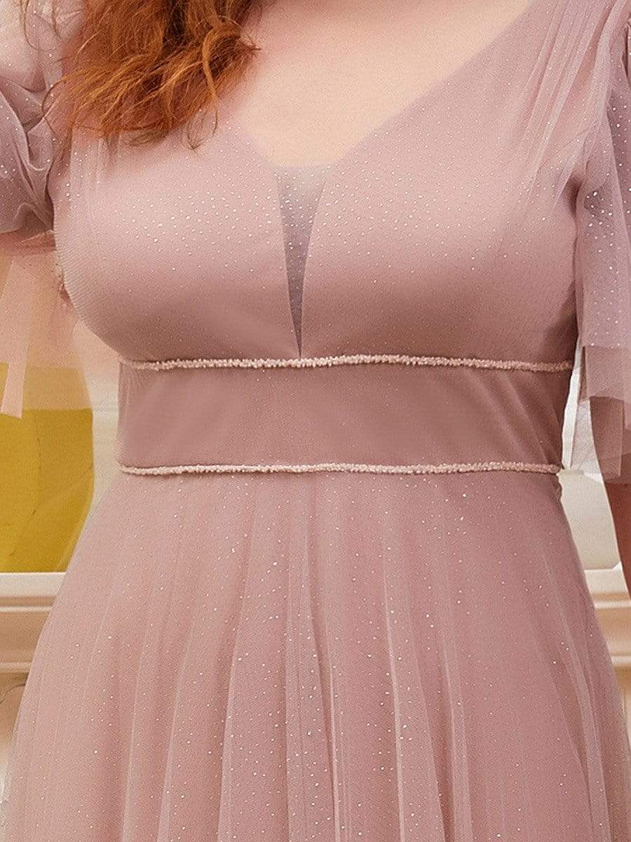 Romantic Plus Size Tulle Evening Dress with Deep V Neck #color_Pink