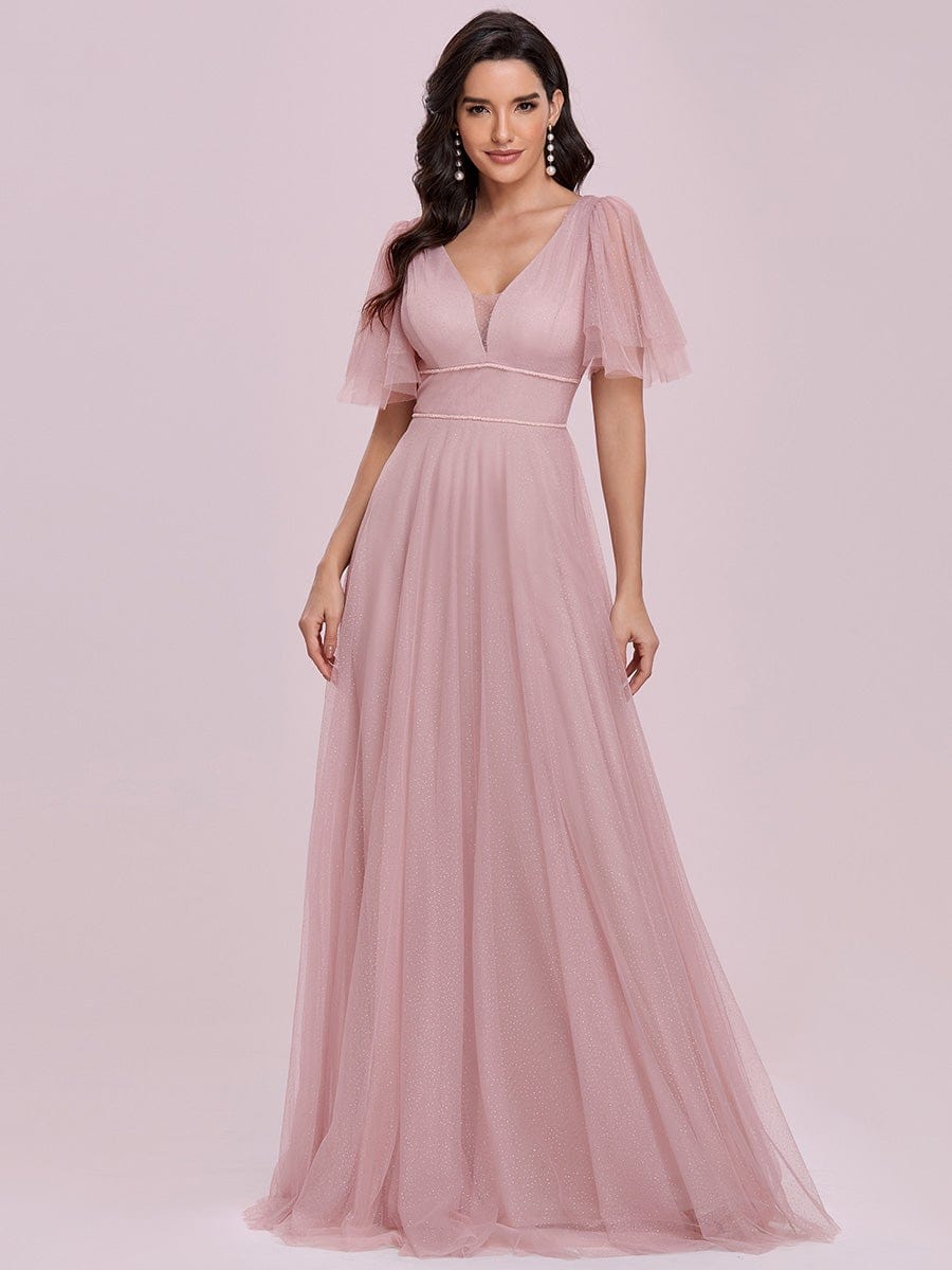 Cute Deep V Neck A-Line Tulle Long Wedding Guest Dress #color_Pink