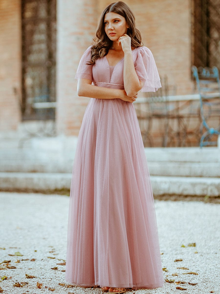 Cute Deep V Neck A-Line Tulle Long Wedding Guest Dress #color_Pink