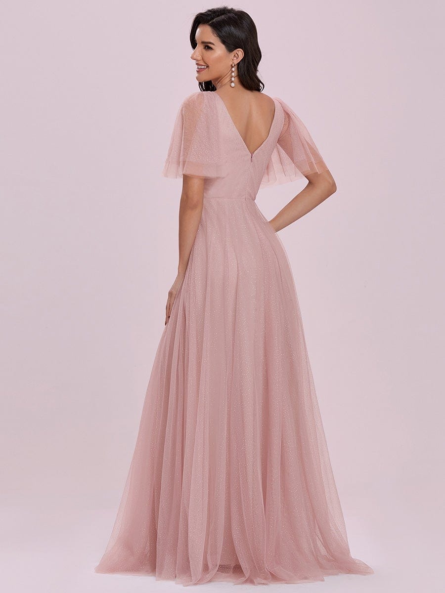 Cute Deep V Neck A-Line Tulle Long Wedding Guest Dress #color_Pink