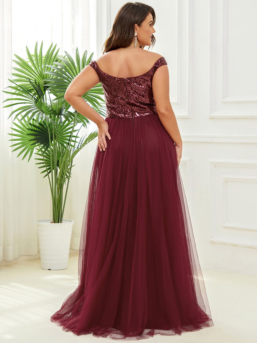 Stunning High Waist Tulle & Sequin Sleevless Evening Dress #color_Burgundy