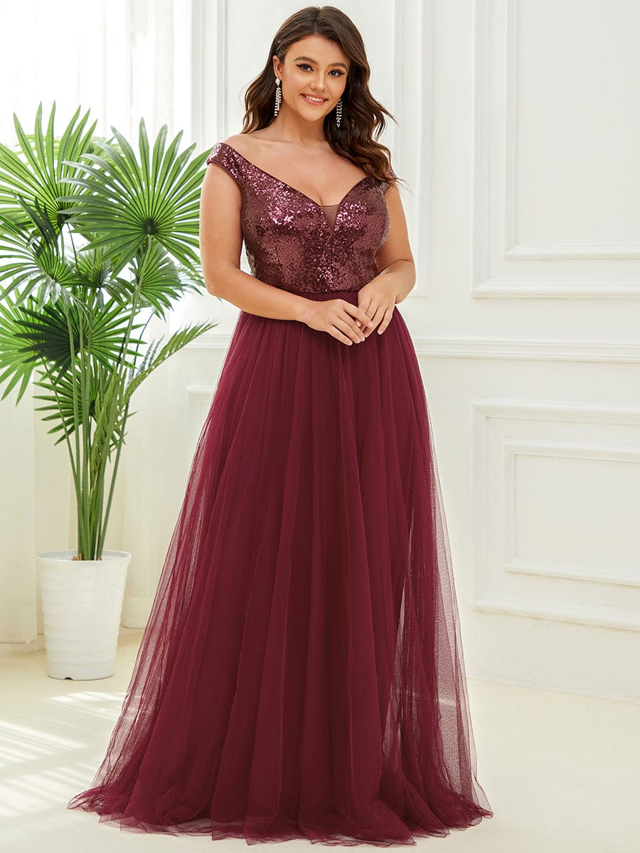 Plus Size Stunning High Waist Tulle & Sequin Sleeveless Evening Dress #color_Burgundy