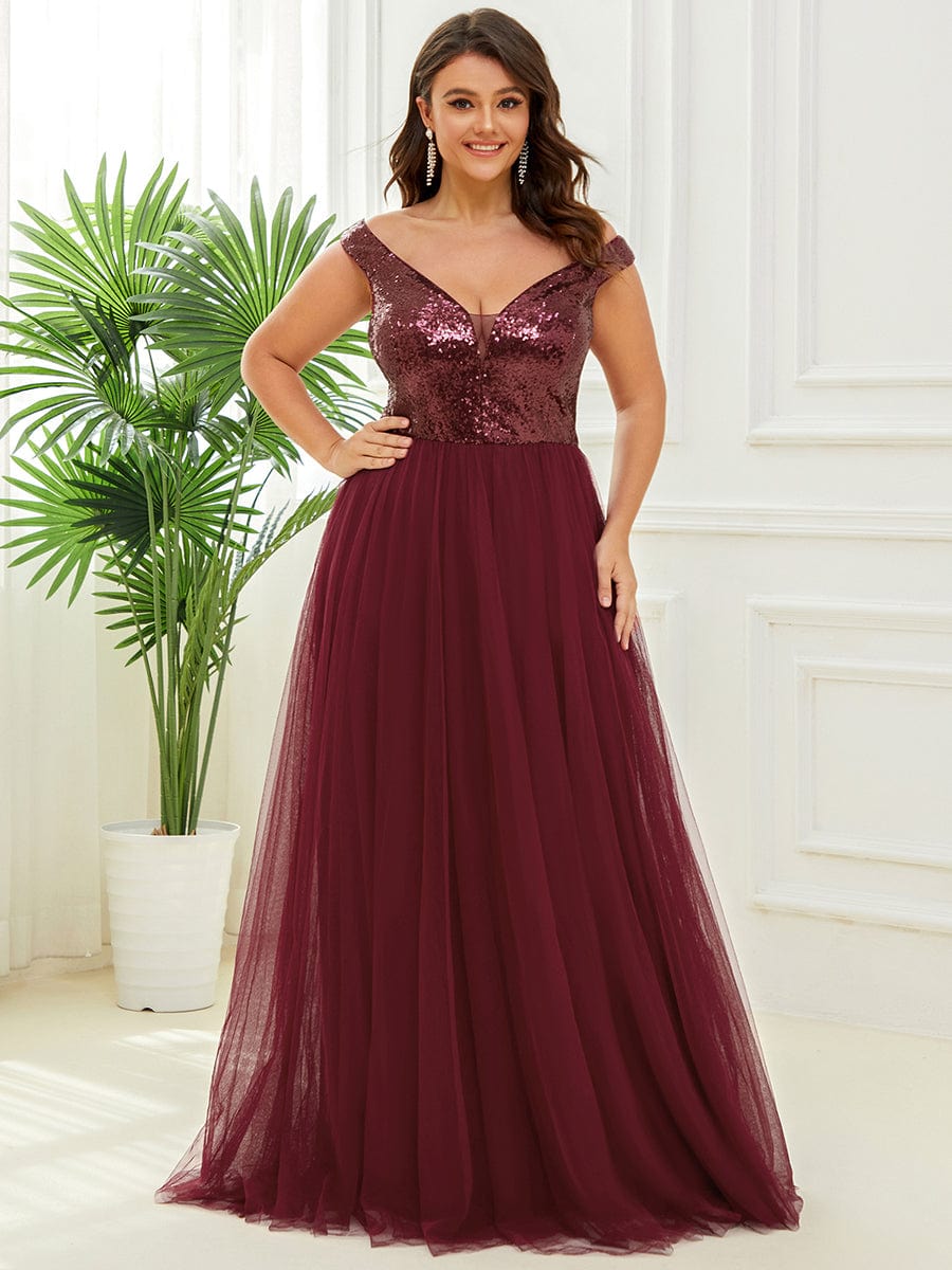 Plus Size Stunning High Waist Tulle & Sequin Sleeveless Evening Dress #color_Burgundy