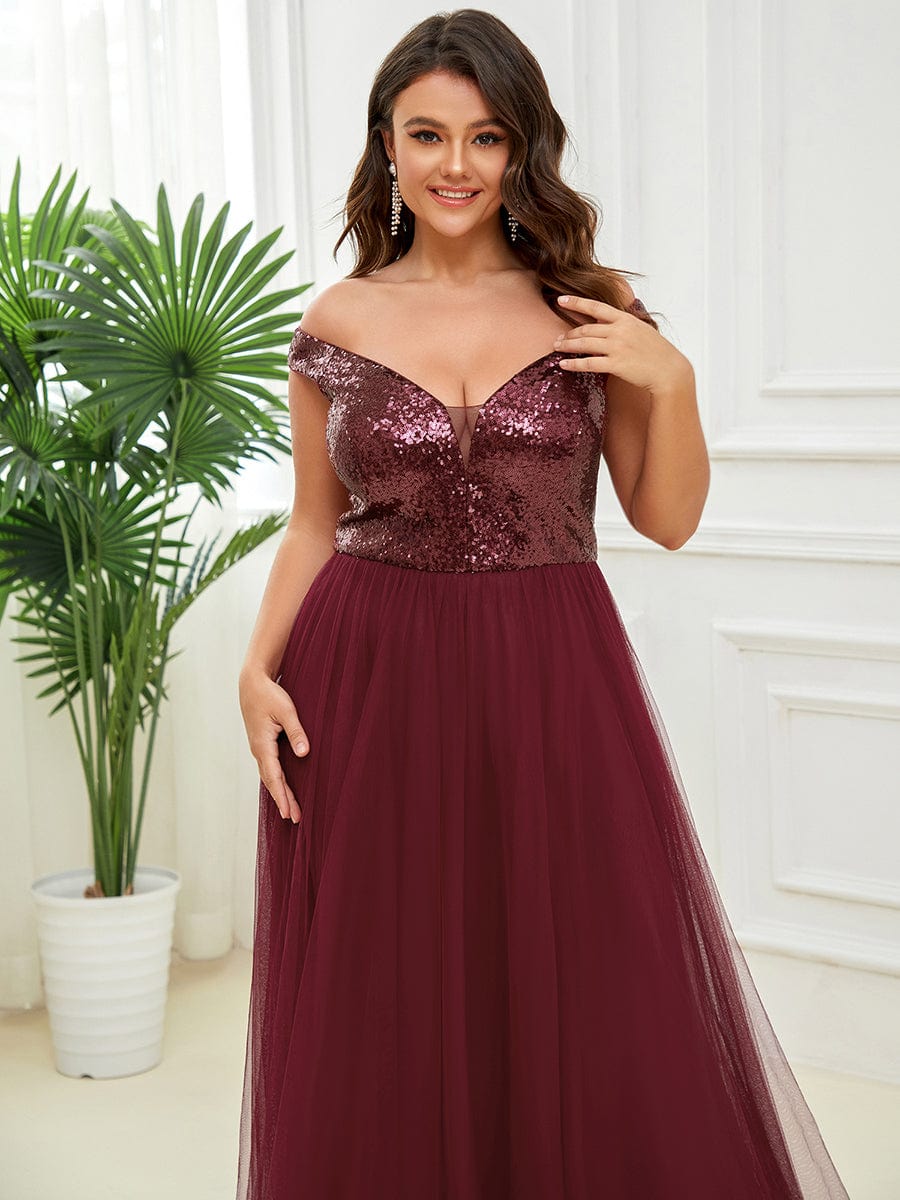 Plus Size Stunning High Waist Tulle & Sequin Sleeveless Evening Dress #color_Burgundy