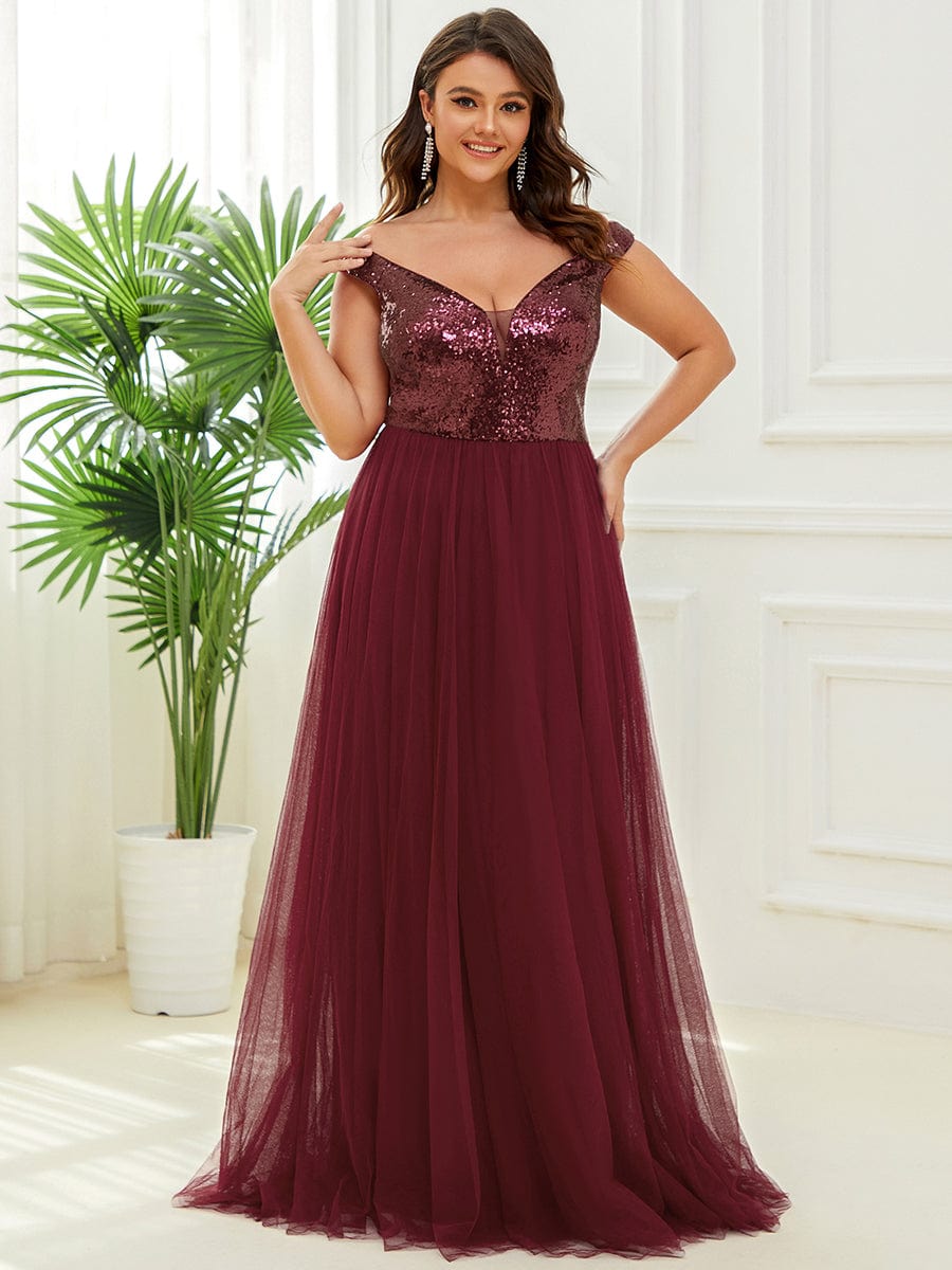 Stunning High Waist Tulle & Sequin Sleevless Evening Dress #color_Burgundy