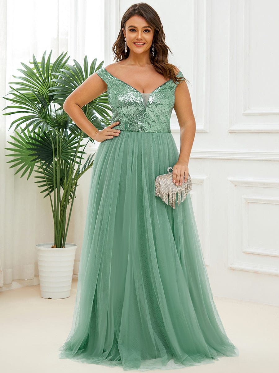 Plus Size Stunning High Waist Tulle & Sequin Sleeveless Evening Dress #color_Green Bean